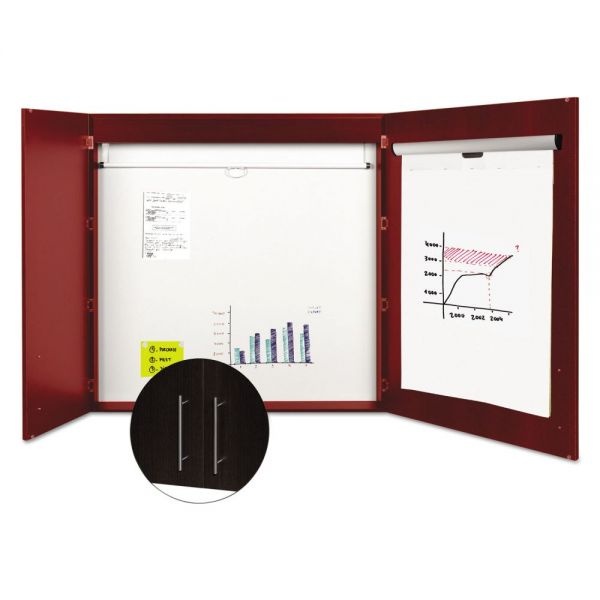 Mastervision Conference Cabinet, Porcelain Magnetic Dry Erase Board, 48 X 48, White Surface, Cherry Wood Frame