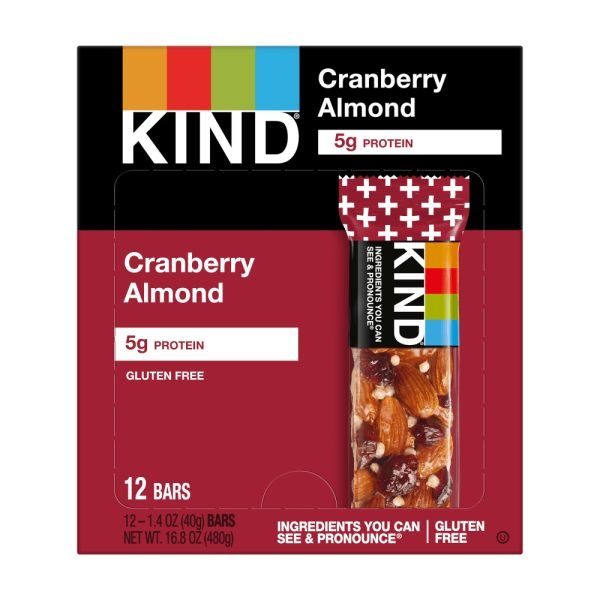 Kind Healthy Snack Bars, Cranberry/Almond/Antioxidants, 1.4 Oz, Box Of 12 Bars