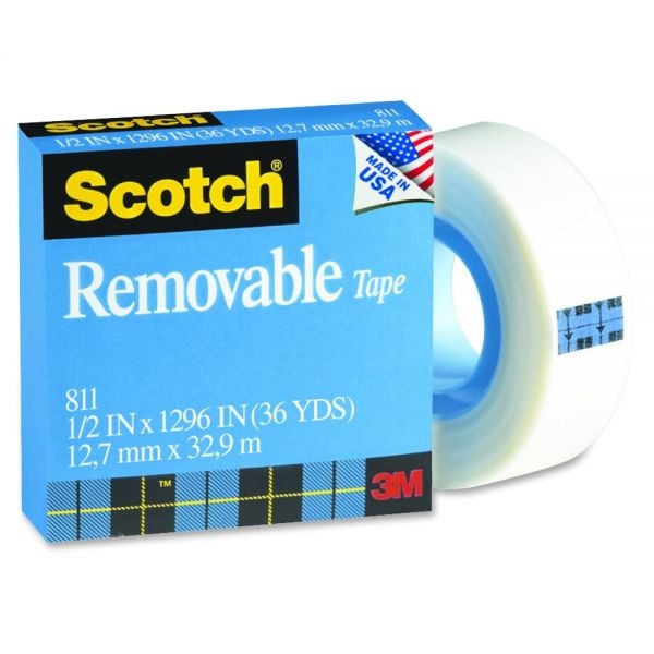 Scotch Magic 811 Removable Tape, 1/2" X 1296", Clear
