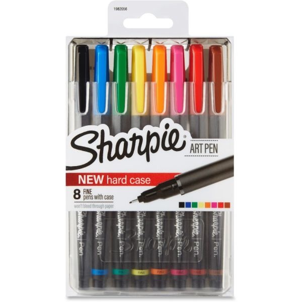 Sharpie Pens With Hard Case, Fine Point, Assorted Ink Colors, Pack Of 8