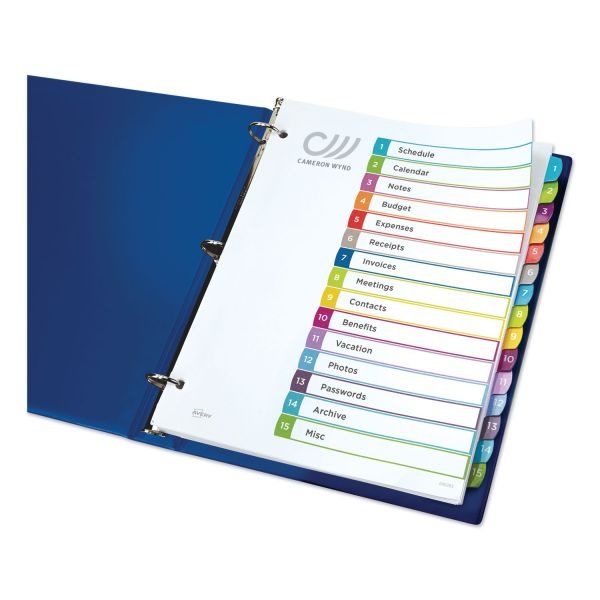 Avery Customizable Toc Ready Index Multicolor Tab Dividers, 15-Tab, 1 To 15, 11 X 8.5, White, Contemporary Color Tabs, 1 Set