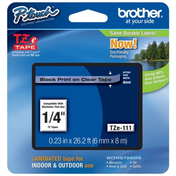 Brother Tze-111 Black-On-Clear Tape, 0.25" X 26.2'