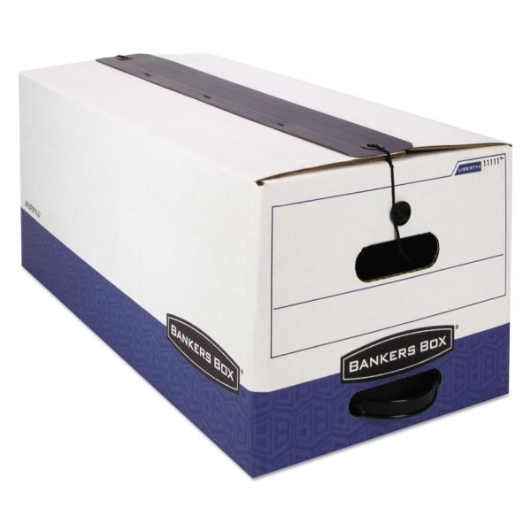 Bankers Box Liberty Plus Heavy-Duty Storage Boxes With String & Button Closures And Built-In Handles, Letter Size, 24" X 12" X 10", 60% Recycled, White/Blue, Case Of 12
