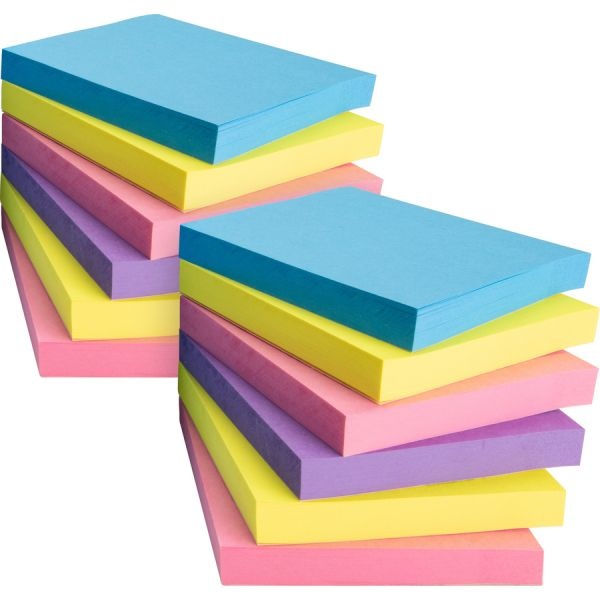 Business Source 3X3 Extreme Colors Adhesive Notes - 100 - 3" X 3" - Square - Assorted - Repositionable, Solvent-Free Adhesive - 12 / Pack
