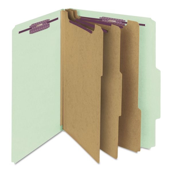 Smead Pressboard Classification Folders, Eight Safeshield Fasteners, 2/5-Cut Tabs, 3 Dividers, Letter Size, Gray-Green, 10/Box