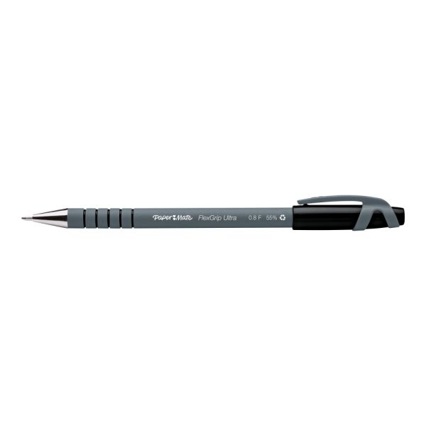 Paper Mate Flexgrip Ultra Ballpoint Pens, Fine Point, 0.8 Mm, 42% Recycled, Gray Barrel, Black Ink, Pack Of 12
