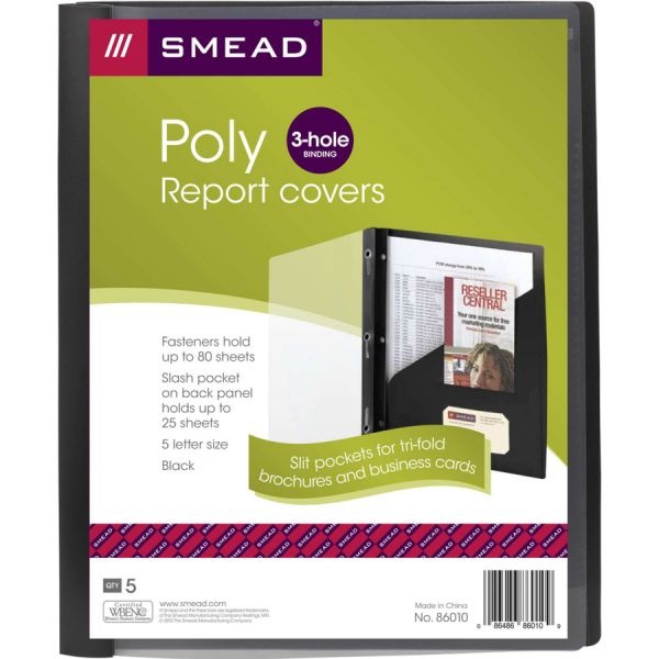 Smead Clear Front Poly Report Cover, Double-Prong Fastener, 0.5" Capacity, 8.5 X 11, Clear/Black, 5/Pack
