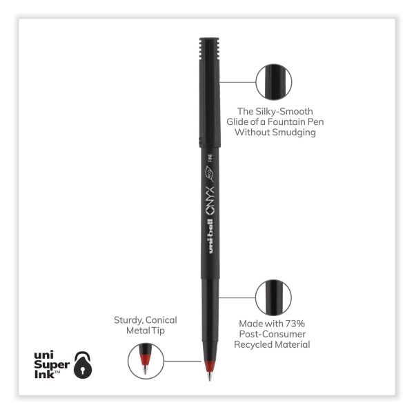 Uniball Onyx Roller Ball Pen, Stick, Fine 0.7 Mm, Red Ink, Black/Red Barrel, Dozen