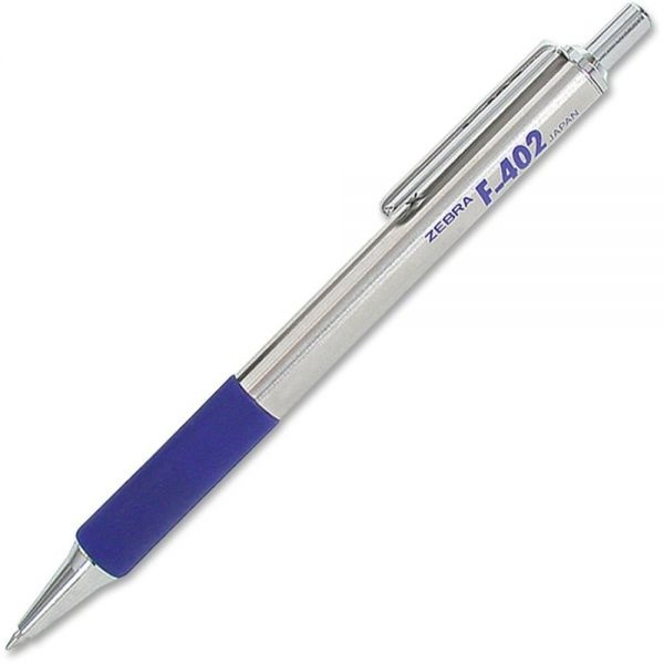 Zebra F-402 Ballpoint Pen, Retractable, Fine 0.7 Mm, Blue Ink, Stainless Steel/Blue Barrel, 2/Pack