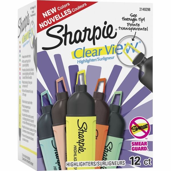 Sharpie Clearview Tank-Style Highlighter, Assorted Ink Colors, Chisel Tip, Assorted Barrel Colors, 12/Pack