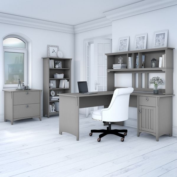 Bush Furniture Salinas 60W L Shaped Desk With Hutch, Lateral File Cabinet And 5 Shelf Bookcase In Cape Cod Gray