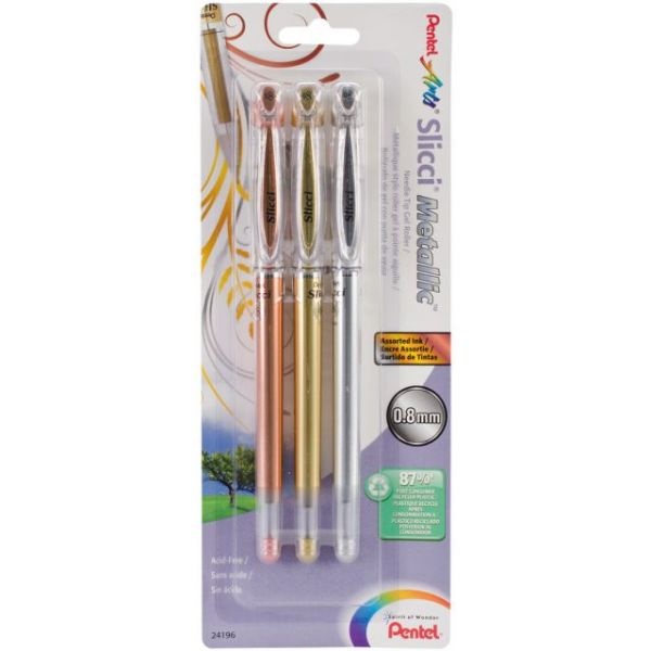 Pentel Slicci Metallic Gel Pens .8Mm 3/Pkg