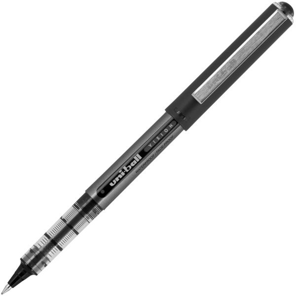 Uniball Vision Roller Ball Pen, Stick, Bold 1 Mm, Black Ink, Gray/Black/Clear Barrel, Dozen
