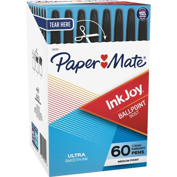 Paper Mate Inkjoy 50St Ballpoint Pen, Stick, Medium 1 Mm, Black Ink, Clear Barrel, 60/Pack