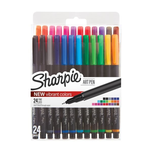 Sharpie Porous Art Pens, Fine Point, 0.4 Mm, Black Barrel, Assorted Ink Colors, Pack Of 24