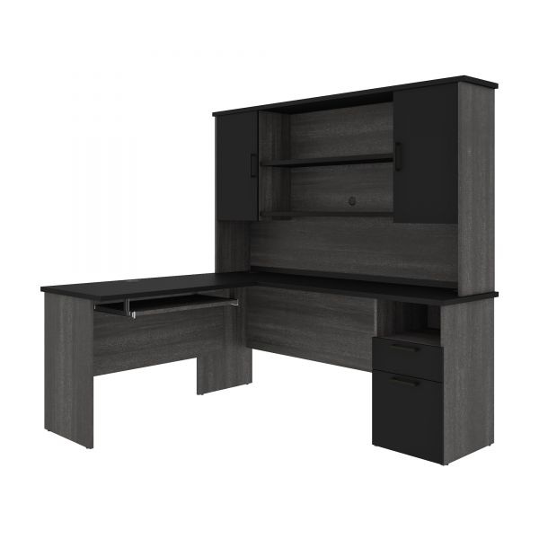 Bestar Norma L-Shaped Desk With Hutch - Black & Bark Gray