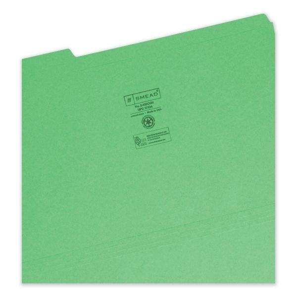 Smead Color File Folders, With Reinforced Tabs, Legal Size, 1/3 Cut, Green, Box Of 100