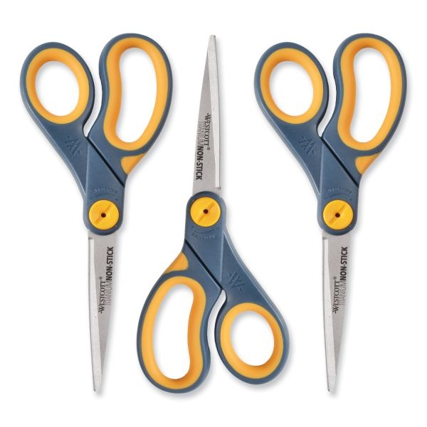 Acme United Titanium Nonstick Scissors, 8", Pointed, Gray/Yellow, Pack Of 3