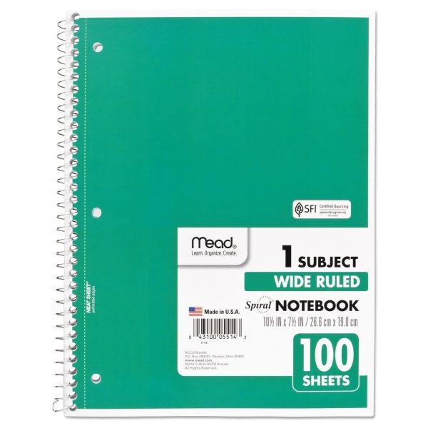 Mead Spiral Notebook, 3-Hole Punched, 1 Subject, Wide/Legal Rule, Randomly Assorted Covers, 10.5 X 7.5, 100 Sheets