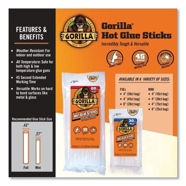Gorilla Mini Hot Glue Sticks, 0.27" Dia X 4", Dries Clear, 30/Pack