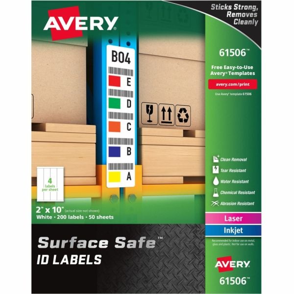 Avery Surface Safe Id Labels - Removable Adhesive - 2" Width X 10" Length - Rectangle - Laser, Inkjet - White - Polyester - 4 / Sheet - 50 Total Sheets - 200 / Pack