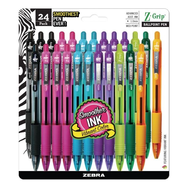 Zebra Z-Grip Ballpoint Pen, Retractable, Medium 1 Mm, Assorted Artistic Ink And Barrel Colors, 24/Pack