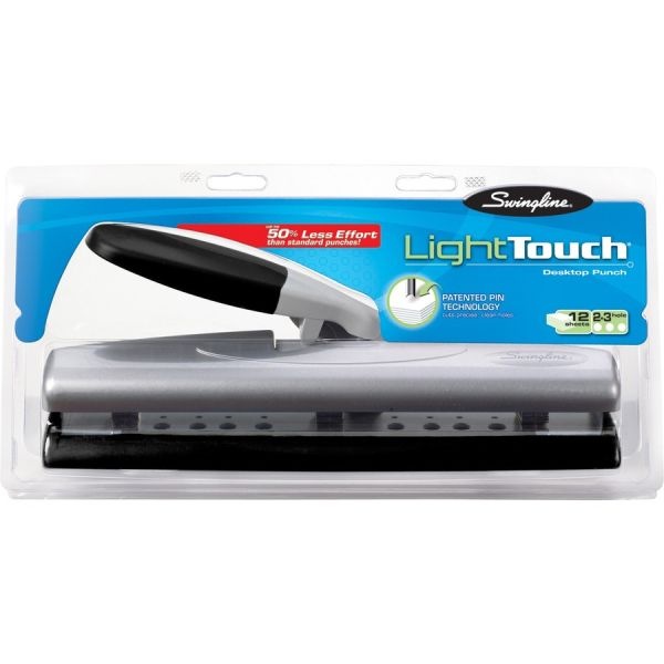 Swingline 12-Sheet Lighttouch Desktop Two- To Three-Hole Punch, 9/32" Holes, Black/Silver