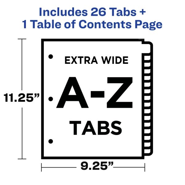 Avery Extra-Wide A-Z Tab With Customizable Table Of Contents Dividers For 3 Ring Binders, 9-1/4" X 11", 26 Tab, White, 1 Set