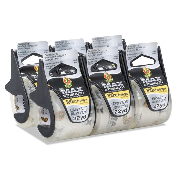 Duck Max Packaging Tape With Dispenser, 1.5" Core, 1.88"X 22 Yds, Crystal Clear, 6/Pack