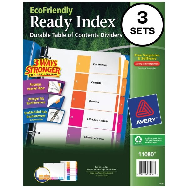 Avery Ready Index Eco-Friendly 100% Recycled Dividers, 1-5 Tabs & Customizable Table Of Contents, Letter Size, White Dividers/Multicolor Tabs, Pack Of 3 Sets