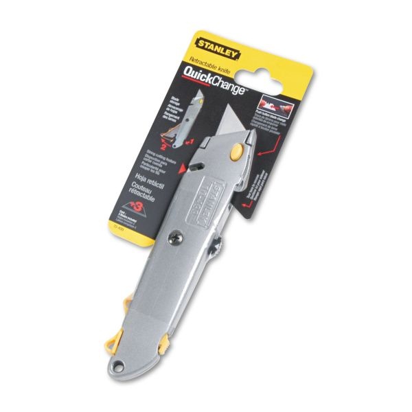 Stanley Quick-Change Utility Knife With Twine Cutter And (3) Retractable Blades, 6" Metal Handle, Gray, 6/Box