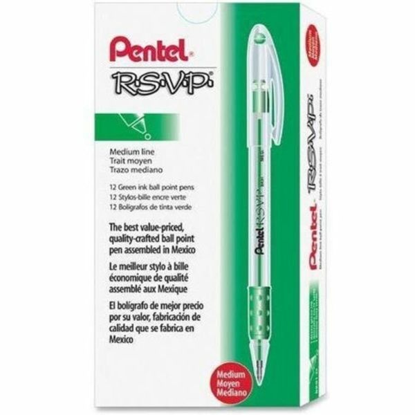 Pentel R.S.V.P. Ballpoint Pens, Medium Point, 1.0 Mm, Clear Barrel, Green Ink, Pack Of 12