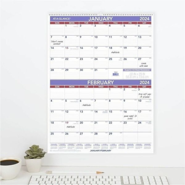 At-A-Glance Two-Month Wall Calendar, 22 X 29, White/Blue/Red Sheets, 12-Month (Jan To Dec): 2024