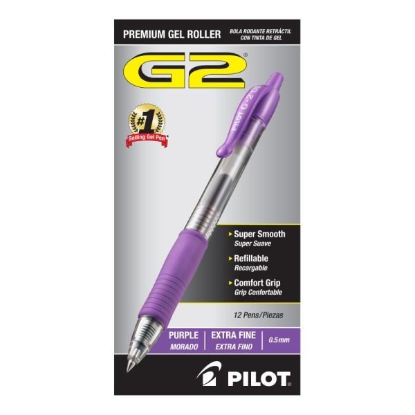 Pilot G2 Retractable Rollerball Pens, Extra Fine Point, 0.5 Mm, Clear Barrel, Purple Ink, Pack Of 12 Pens