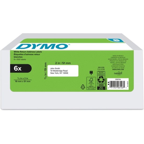 Dymo Return Address Labels For Labelwriter Label Printers, 3/4" X 2", White, 500 Labels Per Roll, Pack Of 6 Rolls