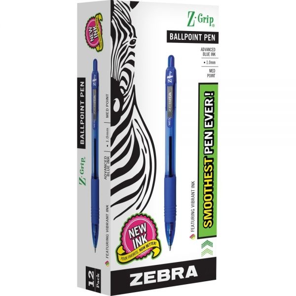 Zebra Z-Grip Ballpoint Pen, Retractable, Medium 1 Mm, Blue Ink, Clear Barrel, 12/Pack