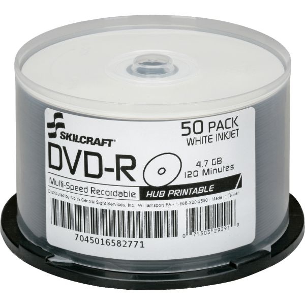 Skilcraft Inkjet Printable Dvd-R Recordable Media With Spindle, 4.70 Gb/120 Minutes, Pack Of 50 Pack