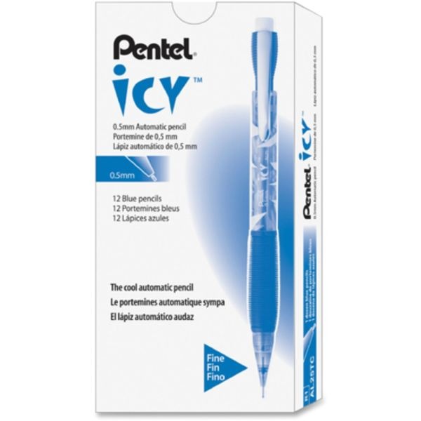 Pentel Icy Mechanical Pencil, 0.5Mm, #2 Lead, Blue/Transparent Barrel, Pack Of 12
