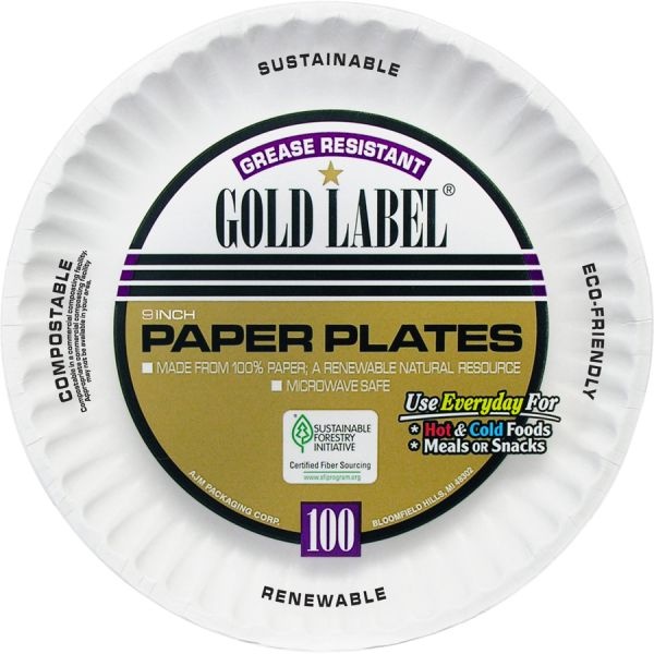 Ajm Packaging Corporation Gold Label Coated Paper Plates, 9" Dia, White, 100/Pack, 10 Packs/Carton