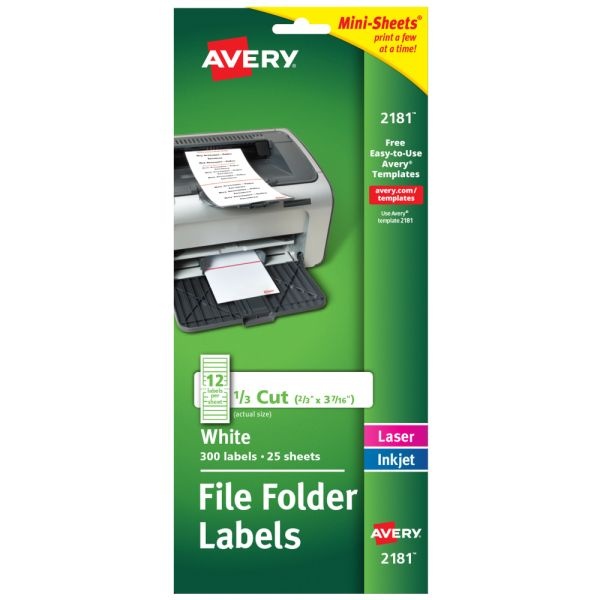 Avery Mini-Sheets File Folder Labels, 2181, Rectangle, 2/3" X 3-7/16", White, Pack Of 300