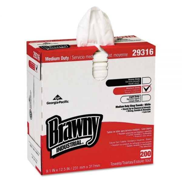 Brawny Professional Lightweight Disposable Shop Towel, 9.1" X 12.5, White, 200/Box