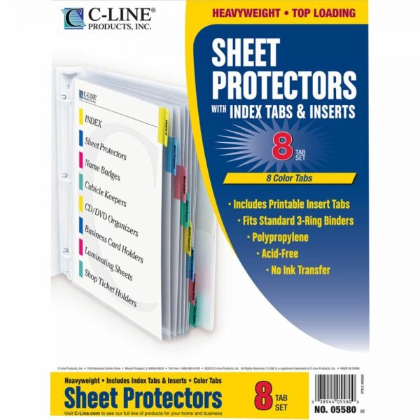 C-Line Top-Loading Sheet Protectors With Tab Inserts, 8 1/2" X 11", 8-Tab, Assorted Colors