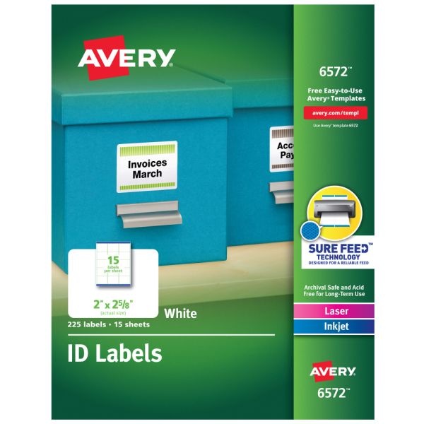 Avery Permanent Id Labels With Sure Feed Technology, 6572, Rectangle, 2" X 2-5/8", White, Pack Of 225 Labels