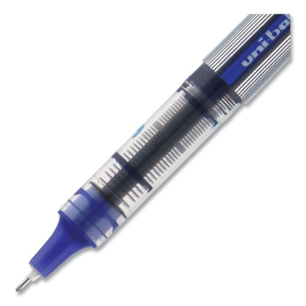 Uniball Vision Needle Roller Ball Pen, Stick, Fine 0.7 Mm, Blue Ink, Gray/Clear/Blue Barrel, Dozen