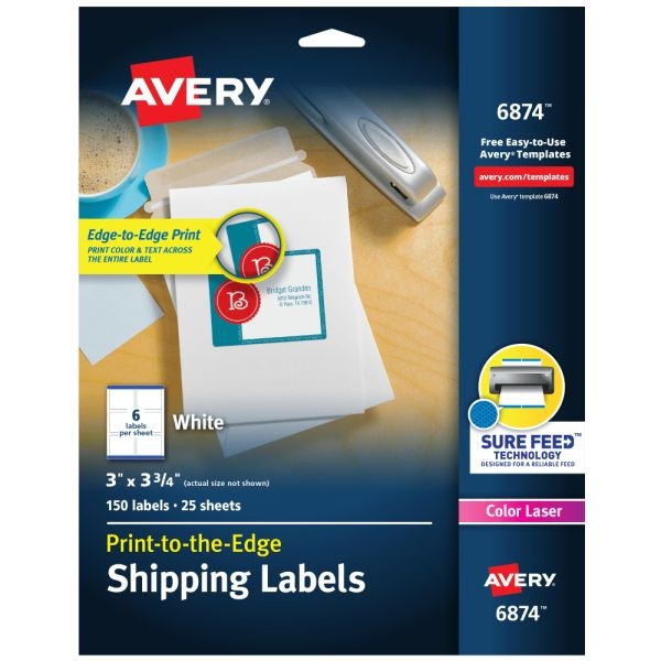 Avery Print-To-The-Edge Shipping Labels With Sure Feed For Color Laser Printers, 6874, Rectangle, 3" X 3-3/4", White, Pack Of 150