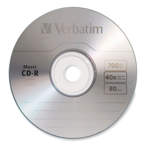 Verbatim Cd-R Music Recordable Disc, 700 Mb/80 Min, 40X, Spindle, Silver, 25/Pack
