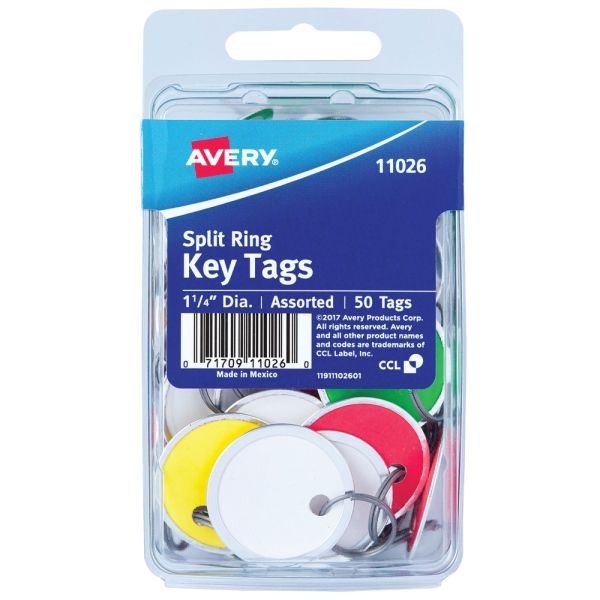 Avery Metal Rim Key Tags, 1 1/4", Pack Of 50, Assorted Colors