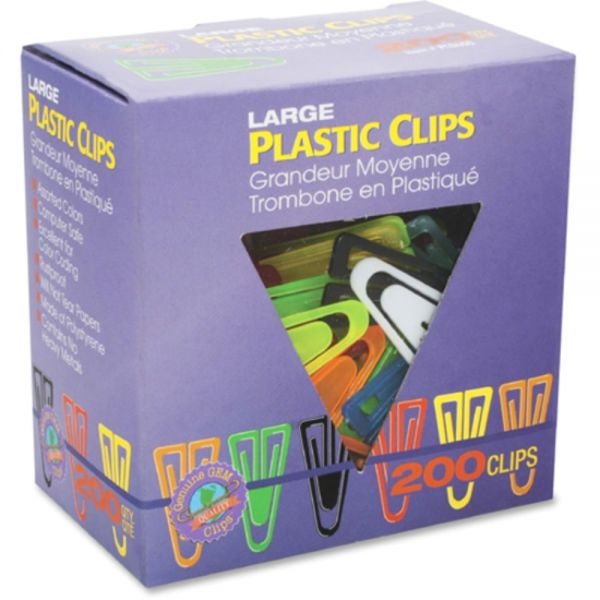 Gem Plastic Paper Clips, Large, Smooth, Assorted Colors, 200/Box
