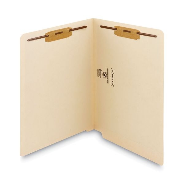 Smead End Tab Fastener Folders With Reinforced Straight Tabs, 11-Pt Manila, 2 Fasteners, Letter Size, Manila Exterior, 250/Box