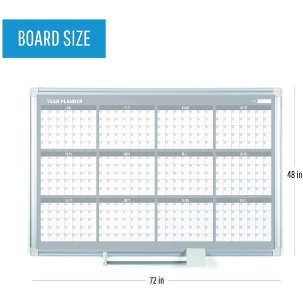 Mastervision Magnetic Dry Erase Calendar Board, 12-Month, 36 X 24, White Surface, Silver Aluminum Frame